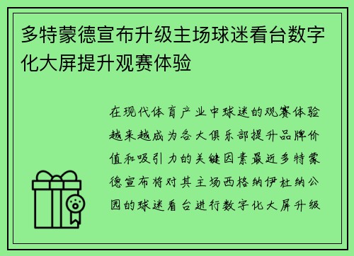 多特蒙德宣布升级主场球迷看台数字化大屏提升观赛体验